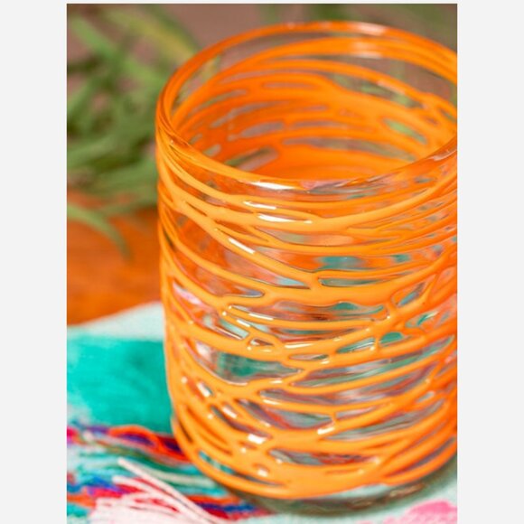 Handblown Mexican Orange Swirl Glasses – Set of 4 Artisan Recycled Glass - Picture 4 of 8